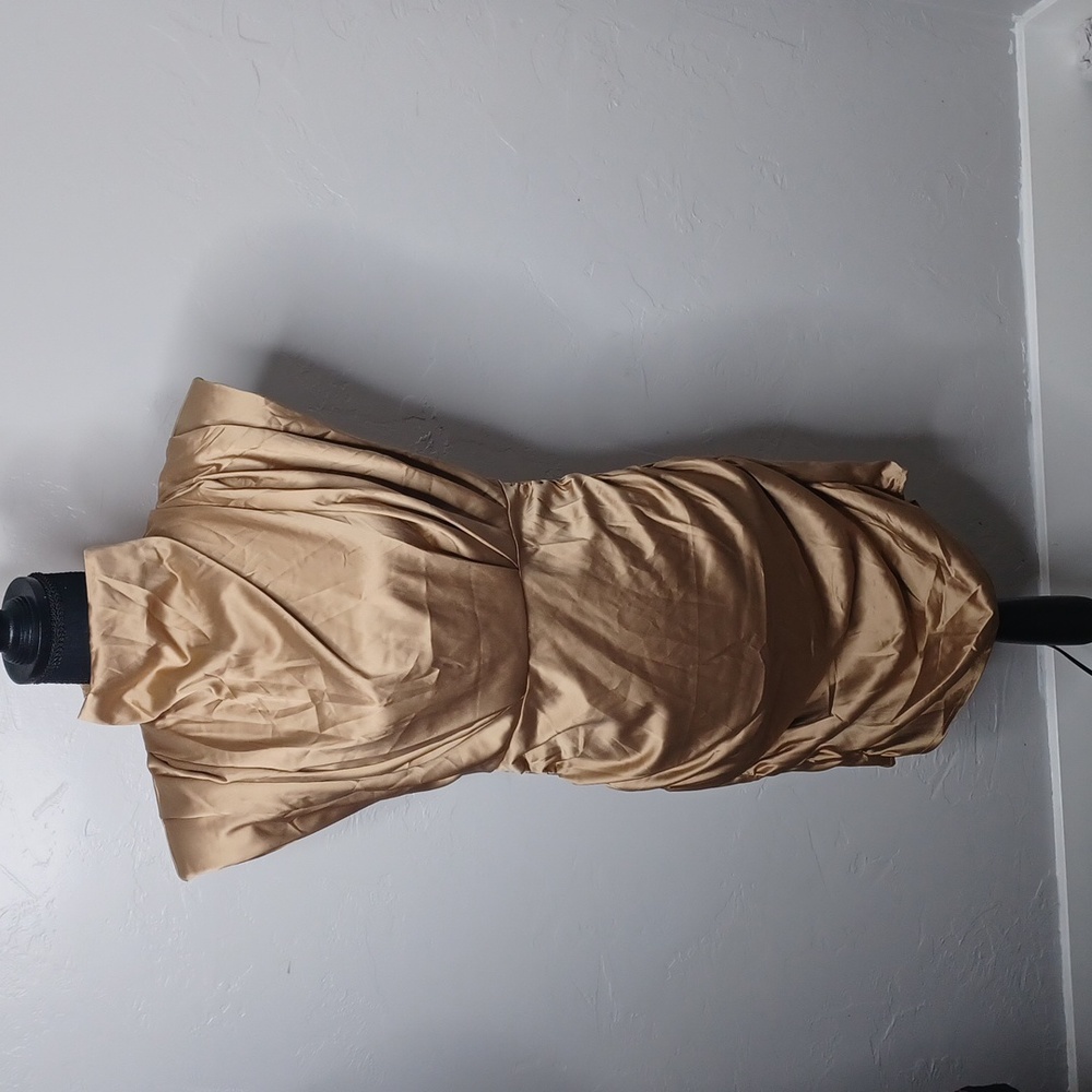 Lyaner‎ Gold Satin Mock Neck Padded Shoulder Ruched Bodycon Mini Dress Womens M
